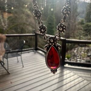 Brighton Drop Necklace, Earrings Silver Flower Chain with Red Stones.